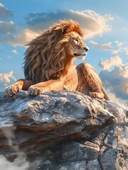 Majestic Lion Surveying Its Stunning Kingdom from Towering Rocky Outcrop