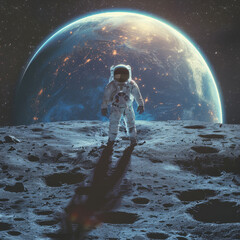 Astronaut standing on the Moon with a stunning view of Earth in the backdrop - 789321803