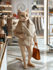 A cat wearing a sweater and carrying a purse stands in front of a store