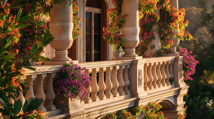 Fototapeta na wymiar A stone balcony with pink flowers growing on it