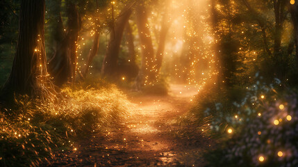 A sunlit forest path with yellow flowers and sparkles

