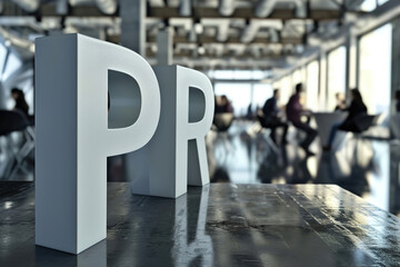 Public relations concept with 3D letters PR in a conference room, many microphones and journalists.