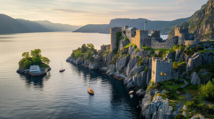 Medieval castle on cliff overlooking serene fjord with boat at sunset - 789322092
