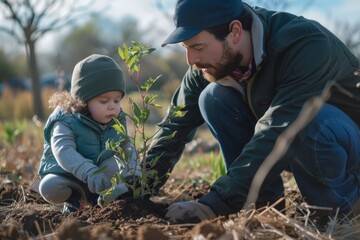Father and toddler daughter spend time together outdoors. Man and little baby girl planting a tree in the spring.