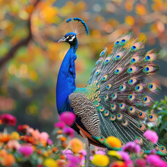 Magnificent peacock displaying vibrant plumage in natural setting - 789322427