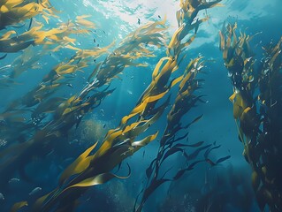 Fototapeta na wymiar Mesmerizing Undersea Kelp Forest Teeming with Vibrant Marine Life in the Ocean s Embrace