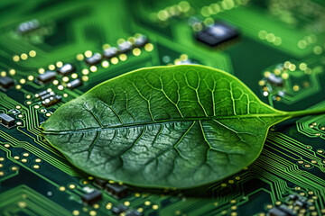 Green micro chip on circuit board and green leaves. Ecological concept.