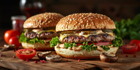 two beef burgers with cheese and lettuce , mushrooms, tomatoes, pickles on wooden background , two hamburger