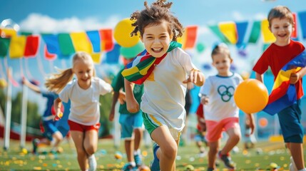 Kids worldwide partake in sports activities, International Olympic Day banners waving proudly. International Olympic Day