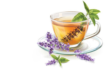 Transparent cup of herbal tea with lavender on white background - 789322617
