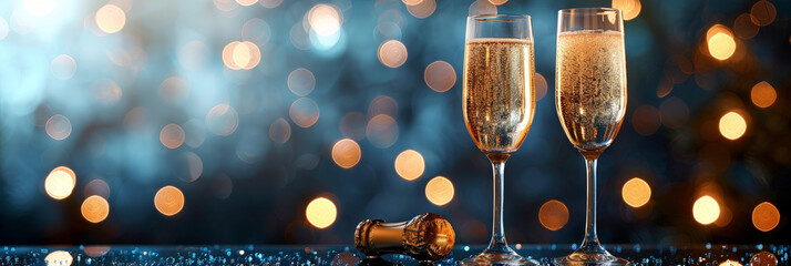 Two glasses of champagne clinking, with sparkling bubbles in the glass on dark blue background.for festive  for Christmas or other special events, copy space - obrazy, fototapety, plakaty