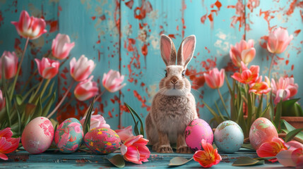 Easter bunny with colorful eggs and tulips on rustic wooden background - 789322631