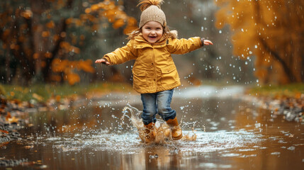 Joyful little girl playing in a puddle wearing rubber boots in autumn - 789322861