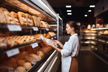 A saleswoman lays out fresh bread on the shelves of a supermarket. - obrazy, fototapety, plakaty