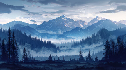 Naklejka premium Majestic mountain landscape with misty forests and ethereal sky at dawn