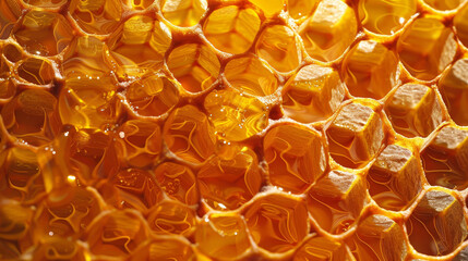 Close-up view of golden honey inside a natural honeycomb structure - 789323065