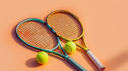 two tennis rackets and a tennis ball on a peach background