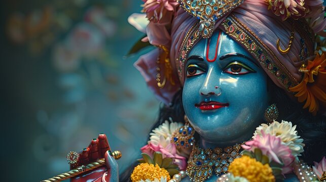 Blue Divinity Against Teal: Lord Krishna's Vibrant Idol