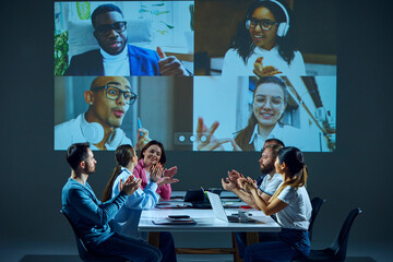 Colleagues having corporate meeting, connect via video conference from office boardroom, discussing important matters and making decisions. Business, entrepreneurship, communication, teamwork concept