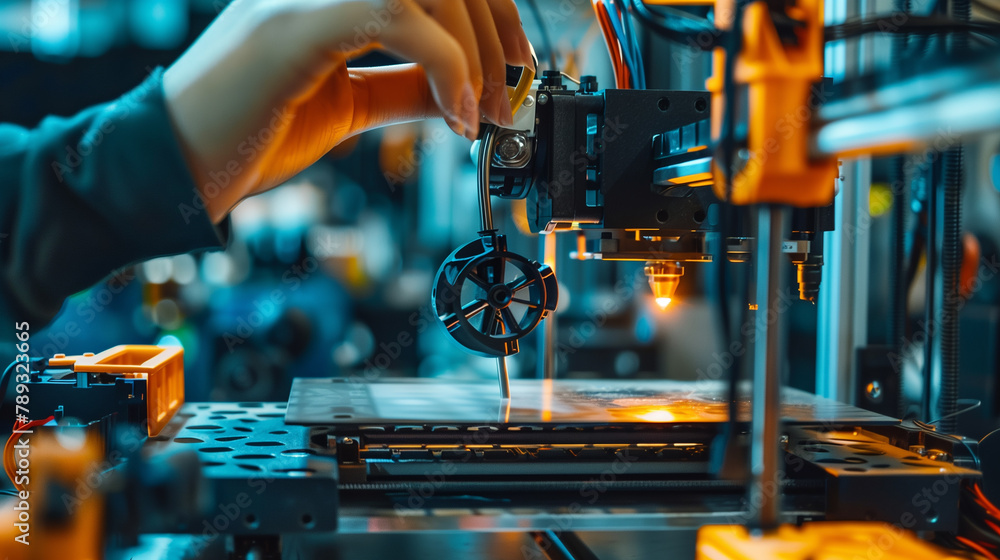 Poster a person is working on a machine that is making a small object. the machine is made of metal and has