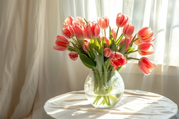 A bouquet of pink tulips in a transparent vase on a round table by the window