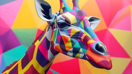 Vibrant 3D Pop Art Giraffe with Geometric Patterns in Colorful Nature Scene