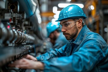 Male engineer worker wearing hard hat and safety glasses standing on factory production line