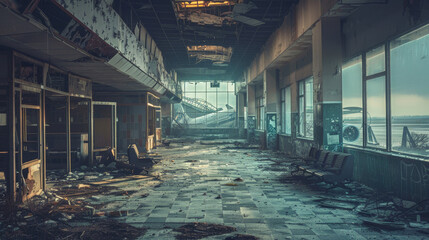 Eerie aftermath of an apocalypse at an abandoned airport terminal with shattered glass - 789323815