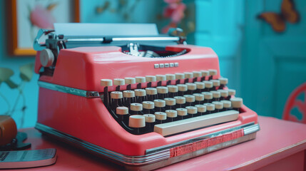 Vibrant red vintage typewriter on a pink desk in retro-inspired office setup - 789324000