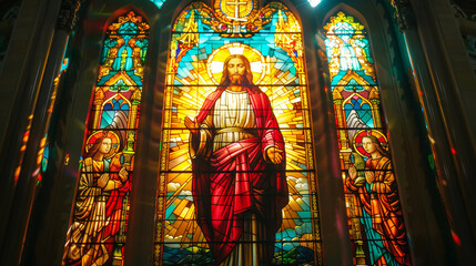 Stained glass window depicting Jesus Christ with radiant colors in a church setting - 789324261