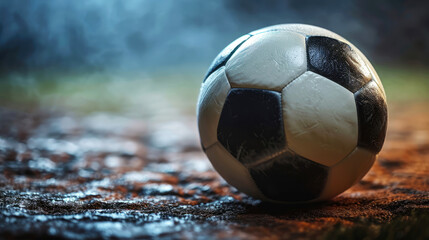 Trusty vintage soccer ball lying in the mud of a soccer field - 789324292