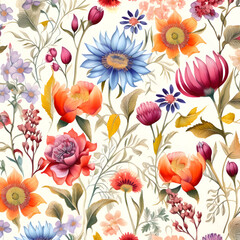 Seamless floral pattern with colorful flowers. Hand-drawn illustration.