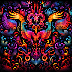 Colorful seamless pattern with ornamental birds on black background. Vector illustration.