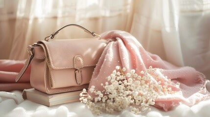 Front view of purse, book and flowers in aesthetic style