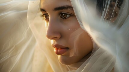 Portrait of beautiful woman in white veil scarf