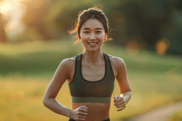 Active young Asian woman jogging in a park at sunset wearing sportswear - 789324812