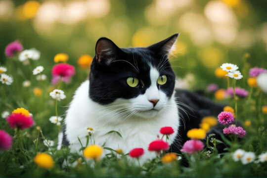 white flowers lying cat Shorthair meadow black European colorful domestic laying beautiful green grass flower resting black-and-white pink adorable portrait short