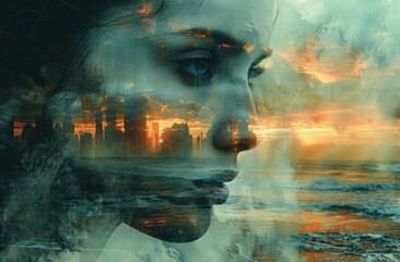 Dusk Reverie of a Contemplative Soul: Woman's Portrait Fused with Ocean Sunset and City Silhouette