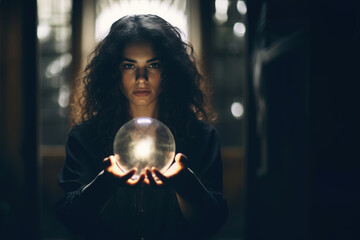 Ypong seer fortune teller clairvoyant predicts the future with a glass ball. - obrazy, fototapety, plakaty