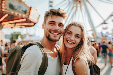 Obraz premium A happy young couple visiting an amusement park as part of a city trip