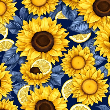 Seamless pattern with sunflowers and lemon slices. Vector illustration.