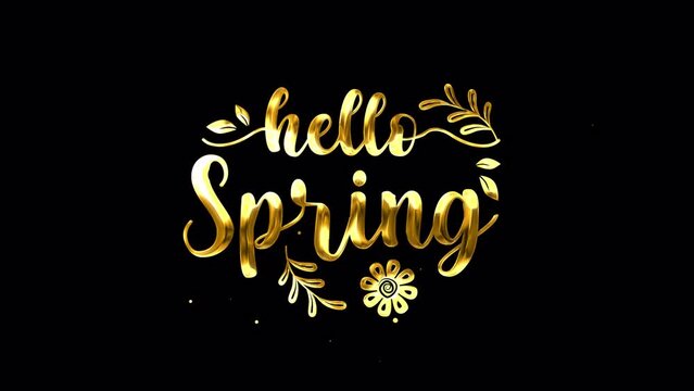 Hello Spring Text Animation. Animated text with golden particles and ink effect, suitable for Spring season celebration and greetings videos. Features 4K and transparent background