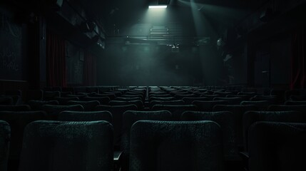 Naklejka premium Eerie abandoned cinema hall with striking red seats and a mysterious glowing exit