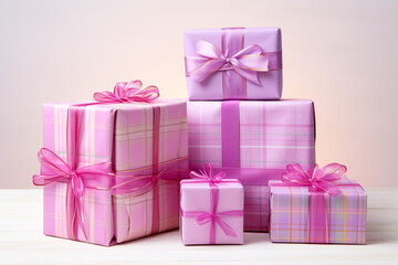 Fototapeta premium Assorted gifts wrapped in festive tartan paper, arranged in a cute and colorful display сreated with Generative Ai