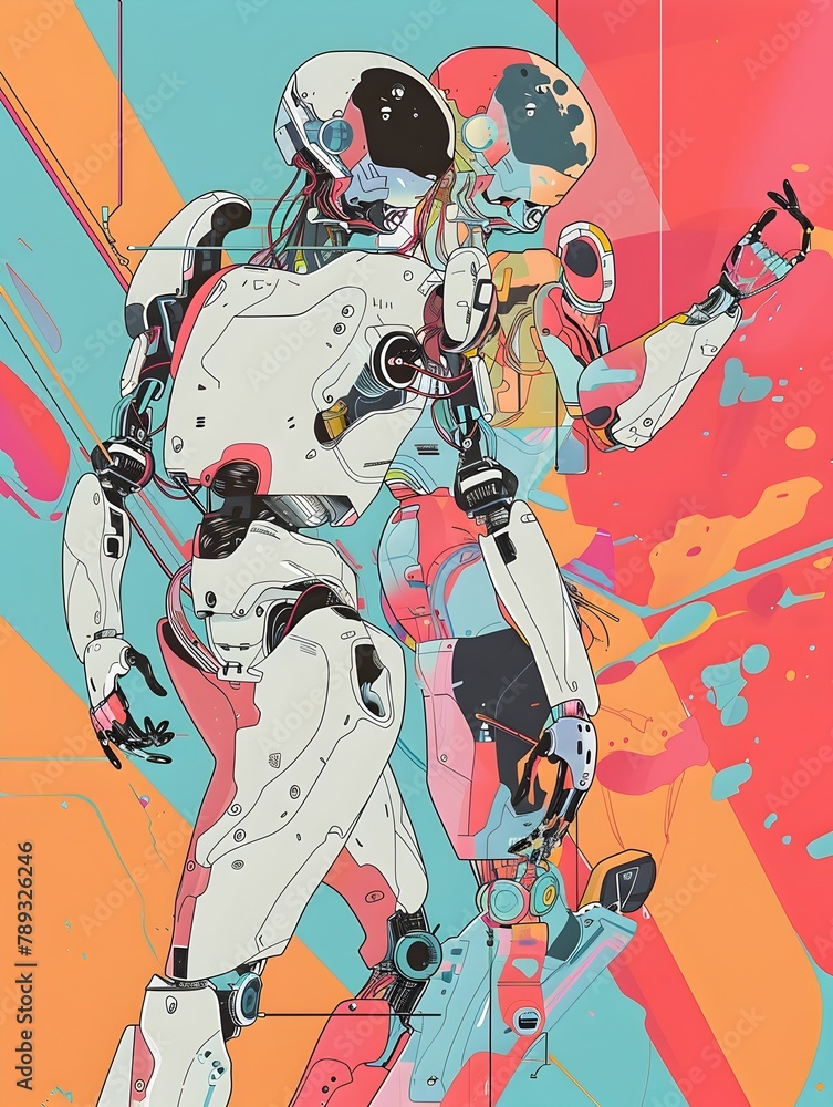 Poster robotic dance choreography in vibrant illustrative style exploring the expressive potential of mecha