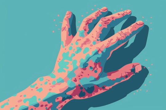 This image artistically interprets the experience of eczema with bold colors and textures on a hand.