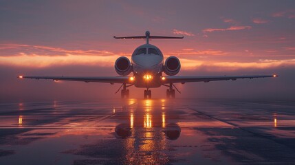 Sleek private jet with gleaming lights positioned on a reflective wet runway at dusk
