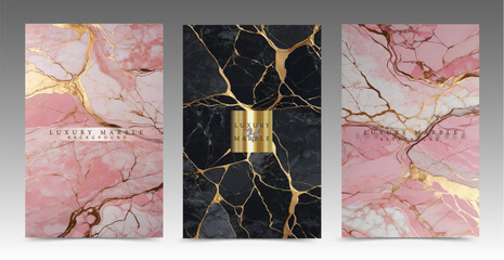 Gold, pink and black marble cover set. Luxury marmoreal pattern, elegant and sophisticated.