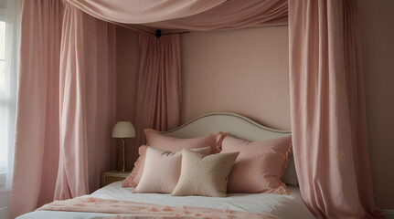 Fototapeta na wymiar Elegant Empty Pink Canopy Bed. Close-up cozy girlish bedroom featuring a canopy bed draped with delicate curtains, flowers and soft pillows. Generative.AI