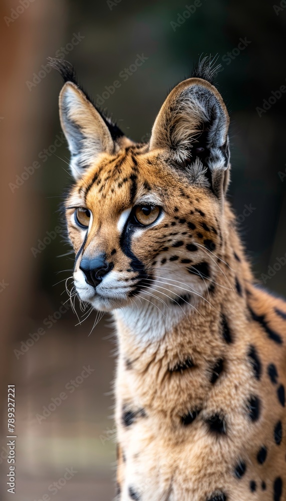Aufkleber close up portrait of male serval and kitten with text space on left side for versatile use